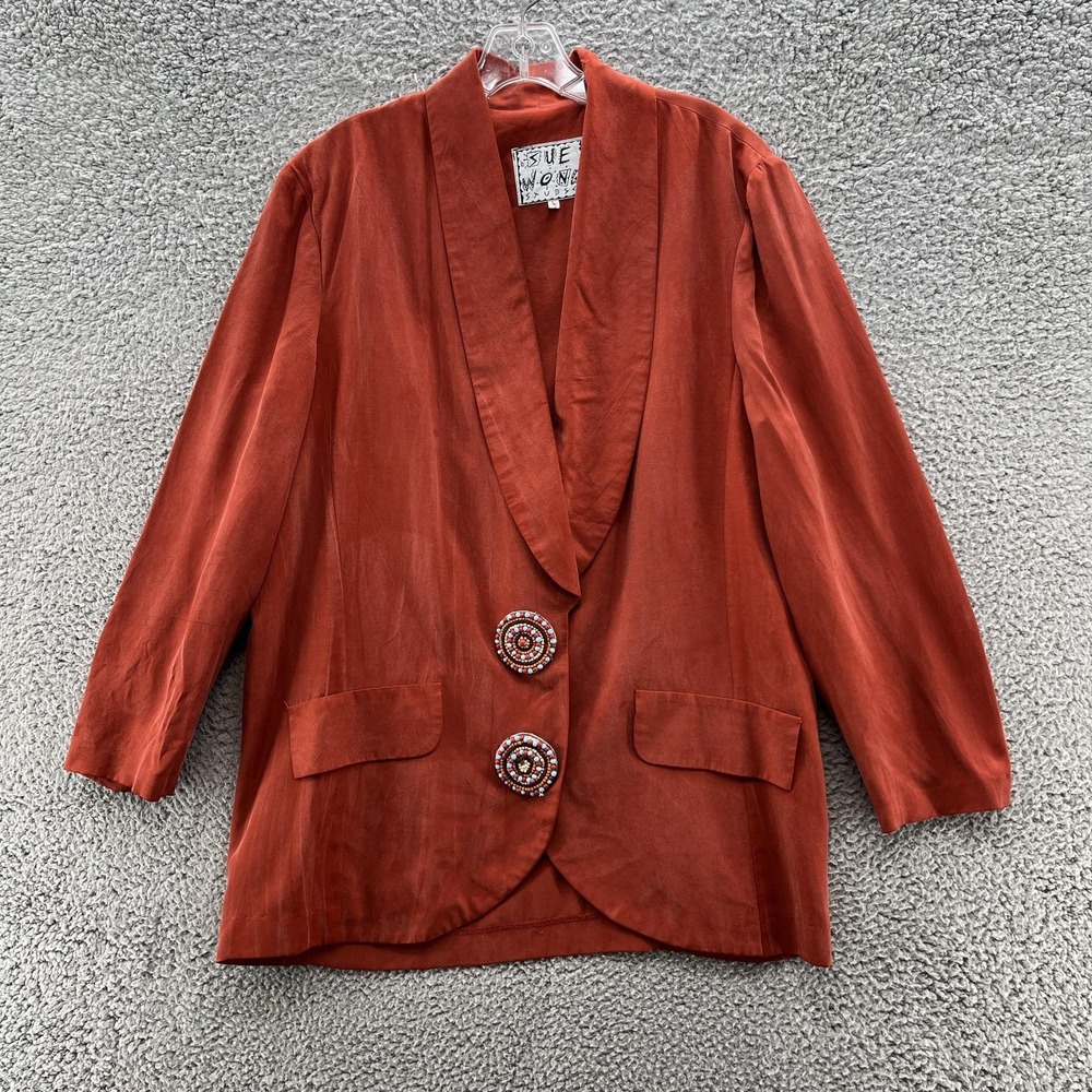 VTG 80s Sue Wong Studio Blazer Womens Large Rust Red Beaded Button Jacket USA
